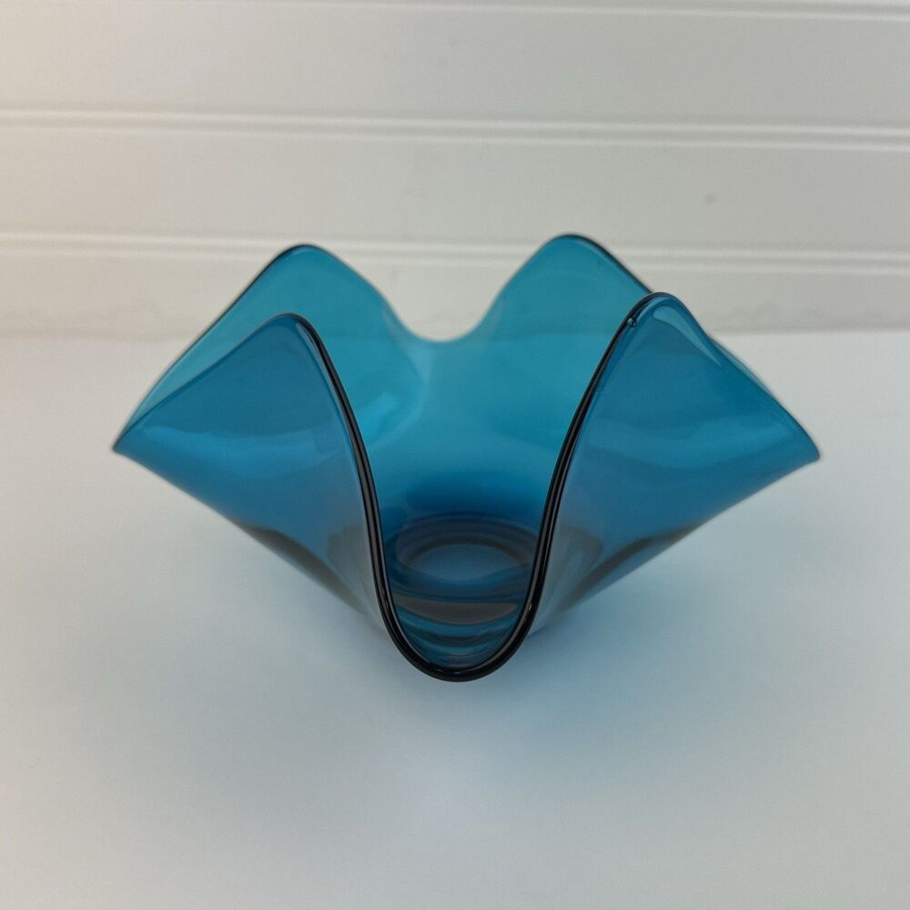 Viking Glass Epic Bluenique Crimped Blue Handkerchief Bowl Bon Bon Candy Dish